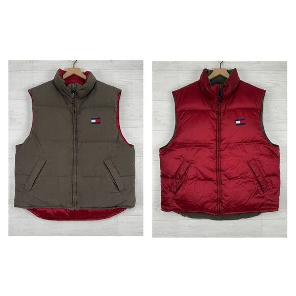 Vintage Tommy Hilfiger Men XL Goose Down Puffer Vest Reversible Red Brown Y2K - Picture 1 of 16
